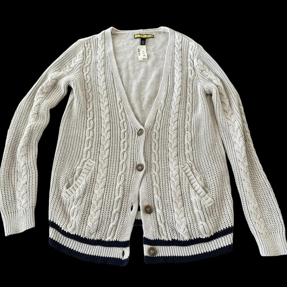 NWT Prince & Fox Medium Cable Cardigan Sweater Grandpa Oatmeal Navy New Longline